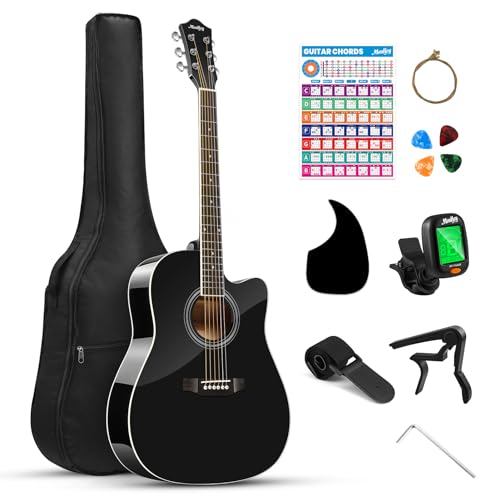Moukey Acoustic Guitar kits for Beginners, Adults, 41 Inch 4/4 Guitarra Acustica with Chord Poster, Gig Bag, Tuner, Steel Strings, Capo, Strap, Black