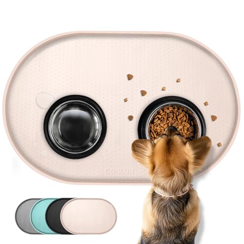 Conlun Napfunterlage Hund,1,2cm Hohe Ränder Futtermatte Katzen zur Vermeidung von Verschüttungen,BPA-Freie Silikonmatte mit Rand Gummi-Hundenapf Unterlage für Futter- und Wassernäpfe(Beige,48x30 cm)WT