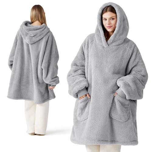 BEDSURE Hoodie Decke mit Ärmeln - Kuschelpullover als Geschenke für Frauen - Tragbare Decke zum Anziehen Erwachsene Kuscheldecke mit Ärmeln Weich Warm Geschenke für Freundin Mütter, Grau 95x85 cm