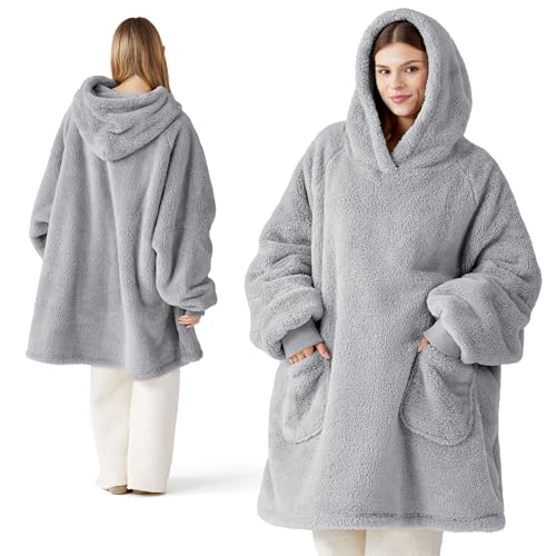 BEDSURE Hoodie Decke mit Ärmeln Kuschelpullover - Tragbare Decke zum Anziehen Erwachsene Grau, Warm Kuscheldecke mit Ärmeln 95x85 cm weich Ärmeldecke als Geschenke für Frauen Freundin Mütter