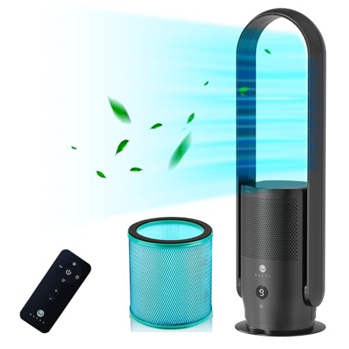 Rotorloser Ventilator mit Luftreiniger, Ultty Turmventilator Leise mit Fernbedienung, Touch, 8H Timer, HEPA-Filter 99,97%, 80 cm 90° Oszillation Bladeless Fan für Schlafzimmer Büro, CR022 Schwarz
