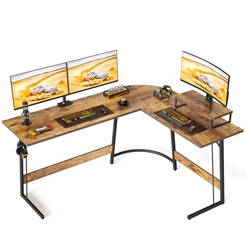 Cubiker Gaming Tisch 150x120x75cm, Schreibtisch mit Monitorständer, Eckschreibtisch, Gaming Schreibtisch L Form, Computertisch, Vintagebraun