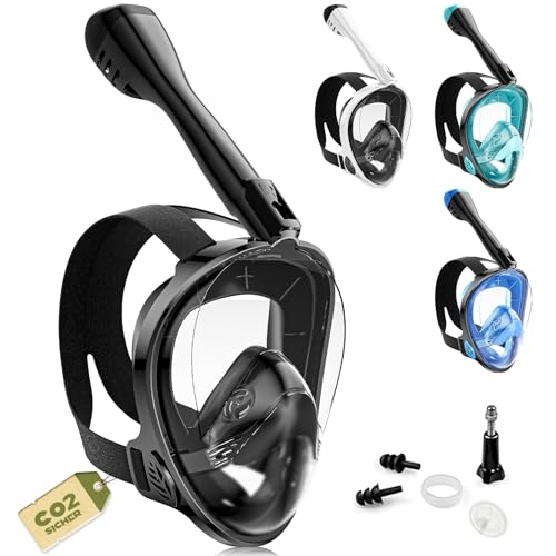 Wenisuow Schnorchelmaske Erwachsene Vollgesichtsmaske – CO₂ sicher Wasserdicht & Beschlagfrei Tauchmaske mit Kamera Halterung – Tauchermaske mit Tragetasche & Ohrstöpsel (schwarz, L-XL)