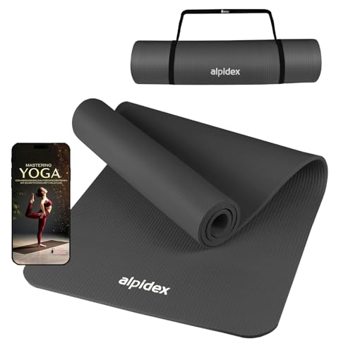 ALPIDEX Yogamatte 183 x 60 x 0.8 cm Phthalatfreie Fitness Matte E-Book Tragegurt rutschfest Gymnastik Turnen Pilates Sport Physio HIIT Yoga Trainingsmatte Isomatte Hautfreundlich, Anthracite