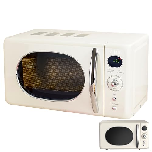Mikrowelle 20L Retro Vintage Design 6 Stufen LED Display Timer bis 95 Min Auftaufunktion 4 Automatikprogramme Kindersicherung Innenbeleuchtung, Chromgriff Microwave
