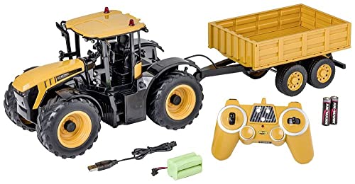 CARSON 500907654 - 1:16 RC Traktor JCB mit Anhänger 2.4G 100%RTR - Ferngesteuertes Fahrzeug, Traktor mit Funktionen Licht und Sound, Ferngesteuerter Traktor, Gelb