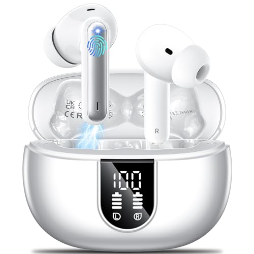 Bluetooth Kopfhörer Kopfhörer Kabellos Bluetooth 5.3 In Ear Kopfhörer mit 4Mic ENC Anruf Noise Cancelling LED Anzeige HiFi Stereo Bass 42 std Spielzeit IP7 Wasserdicht Ohrhörer für iOS Android Grau