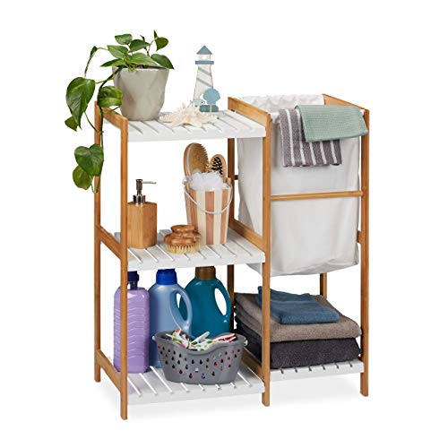 Relaxdays Badregal mit Wäschekorb, offen & stehend, Badezimmer Regal aus Bambus & MDF, HBT 76 x 65,5 x 33 cm, natur/weiß