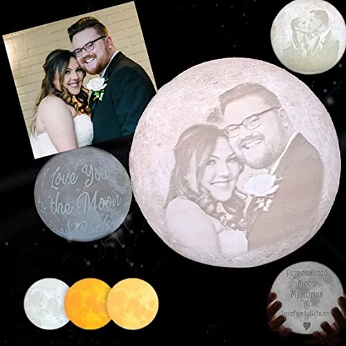 Mondlampe Personalisierte, Benutzerdefinierte 3D Mondlampe mit Foto, 3 LED-Farben, Dimmbar, mit Holzständer, Fernbedienung und Touch-Steuerung, Geschenke für Sie/Ihn, Geburtstagsgeschenke, 10 cm