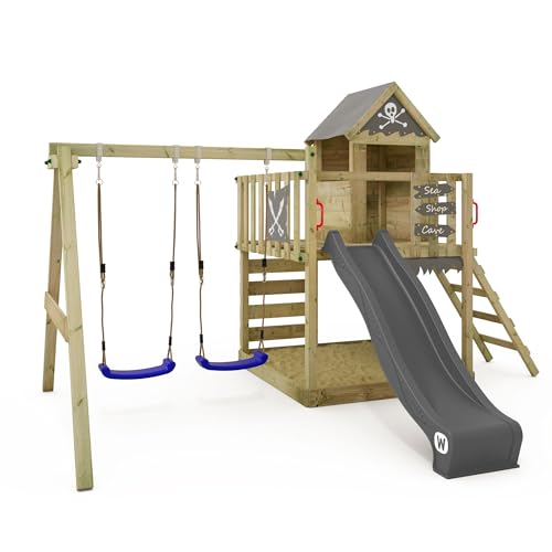 WICKEY Spielturm Klettergerüst Smart Cave mit Schaukel & Rutsche, Outdoor Kinder Kletterturm mit Sandkasten, Leiter & Spiel-Zubehör für den Garten (Anthrazit)