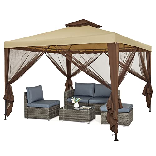 Mondeer Gartenpavillon 3x3m, Doppeldach Gartenlaube Pavillon mit 4 Moskitonetze Seitenteilen für Schatten und Regen, Metall Gestell Stabil, Khaki