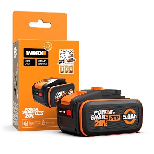 Original WORX WA3645 PowerShare Pro Akku 20V - 5,0 Ah Li-Ion, wiederaufladbar - mehr Sicherheit & längere Laufzeit - mit LED-Anzeige - Innovative Heatshield-Technologie - passend für alle WORX Geräte
