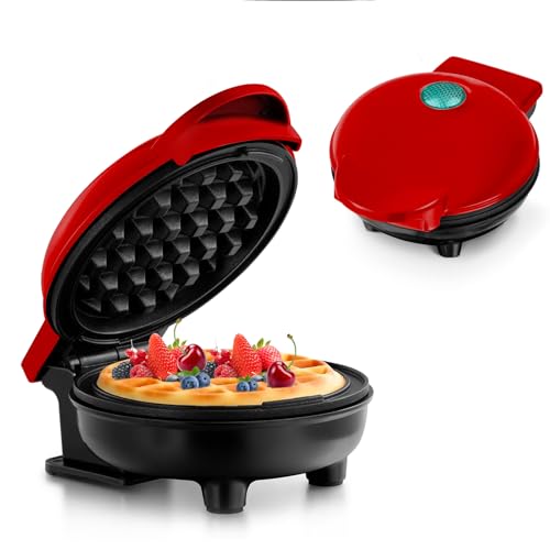 Mini-Waffeleisen für klassische Waffeln, kleiner Waffelmaker mit Antihaftbeschichtung Retro Design für Geburtstage, Familienfeiern, Rot