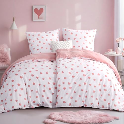 RUIKASI Bettwäsche 135x200 4teilig mit Herzen - Weiß Rosa Bettbezüge 135 x 200 2er Set 135x200cm Bettwäsche-Sets aus Mikrofaser mit Reißverschluss Weich und Bügelfrei