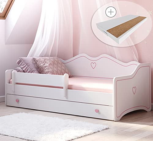 Kids Collective Kinderbett Mädchen Jugendbett 80x160 cm mit Matratze Rausfallschutz & Schublade | Prinzessin Kinder Sofa Couch Bett umbaubar rosa weiß | von 3. bis 10. Lebensjahr