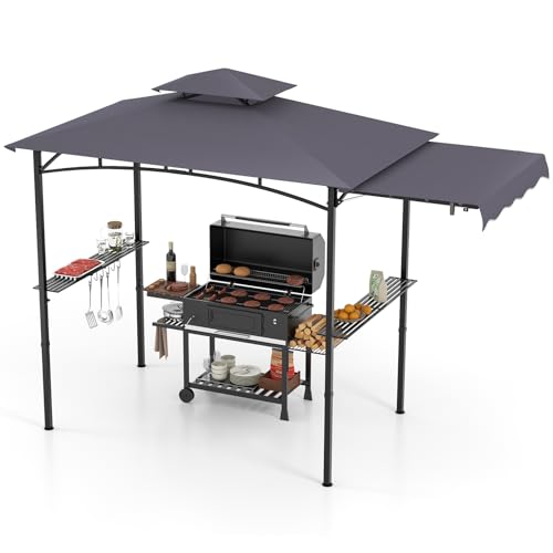 HOMASIS Grillpavillon mit Seitenablage, Pavillon mit Doppeldach, 2 Tischen, Haken und Flaschenöffner, wetterfester Pavillon und Schutz für den Garten, Außengrill (Dunkelgrau, 318x153x250cm)