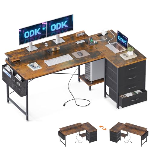 ODK Schreibtisch L Form Reversibel, 160x80x84.7cm Eckschreibtisch mit mit 4 Schubladen, Tisch L Form mit 2 USB Ladeanschluss&2 Steckdose, Schreibtisch mit Monitorablage für Homeoffice