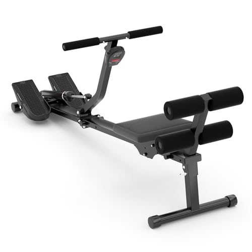 Rudergerät für Zuhause, Klappbar Hydraulisches Fitness-Rudergerät mit 12 Widerstandsstufen, Multifunktionaler Rückenlehne, Trainingsgerät für das Ganzkörpertraining (Black)