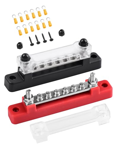 LAOYE Sammelschiene 12V-48V DC 150A Busbar Sammelschienen Verteilerblock 12v Stromverteilungsblock mit Cover 6x M4 Klemmenbolzen 12v Verteiler für Auto RVLKW Rot Schwarz 2 Stück