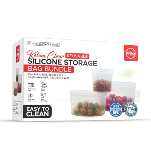 Kelina Wiederverwendbare Silikon-Aufbewahrungsbeutel, Lebensmittelbehälter-Set, Schüsseln, mikrowellen- und spülmaschinenfest, auslaufsicher, transparent, 3 Stück