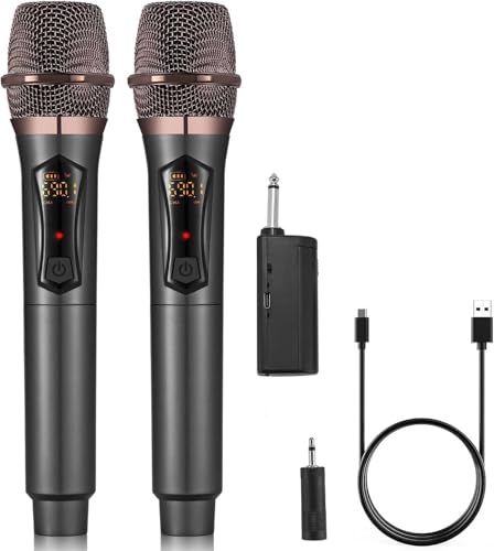 ALPOWL Kabelloses Mikrofon, Professionelles kabelloses Dual-Mikrofon, kabelloses Mikrofonsystem für Karaoke, Wiederaufladbarer Empfänger für Sprachverstärker für Hochzeit. (WXM-B, Black)