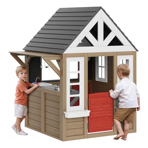 VEVOR Holzspielhaus Kinderspielhaus, Gartenhaus für Kinder ab 2 Jahren, Gartenspiele-Hütte, Spielhaus aus Zedernholz im Landhausstil mit Tür, Fenster, Blumentopfhalter, Grill, Herd und Spüle