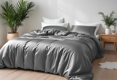 LINENWALAS Bambus Bettwäsche-Set, Premium Bambus-Seide Bettbezug-Set mit Kissenbezug, 2-teiliges Bettwäsche-Set, 155 x 220 cm, luxuriöser, weicher, kühlender Steppdeckenbezug (Hellgrau)