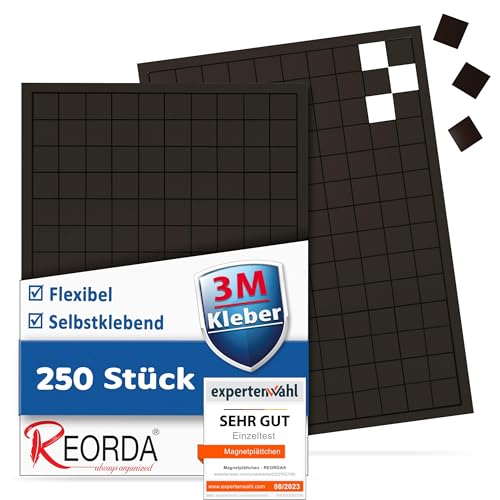 REORDA® Magnetplättchen selbstklebend (250 Stück) - Magnetstreifen - 3M Kleber ermöglicht stärkste Klebekraft - Flache Magnete I Magnetfolie selbstklebend