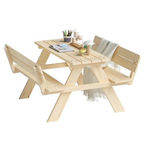 Bellabino Inny Kindersitzgarnitur für Draußen, Sitzgruppe Outdoor 2 Bänke mit Lehne und Tisch, Sitzgarnitur für Kinder Natur aus Massivholz unbehandelt, Picknicktisch Kinder, Spielsitzgruppe draußen