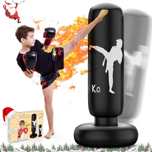 X XBEN 160CM Boxsack für Kinder, Größere Stabile Aufblasbarer Boxsack, Standboxsack ab 3-12 Jahre, Stehender Boxsack, Geschenke für Kinder zum Üben von Karate, Taekwondo und MMA, Schwarz