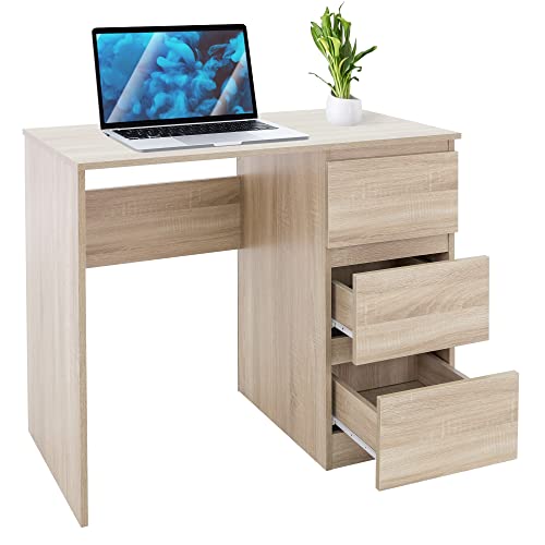 ML-Design Schreibtisch mit 3 Schubladen, 90x76x50 cm, in Sonoma-Eiche, viel Stauraum, modern, Arbeitstisch Bürotisch Computertisch Büromöbel Kinderschreibtisch Laptoptisch PC Tisch, für Heim/Büro