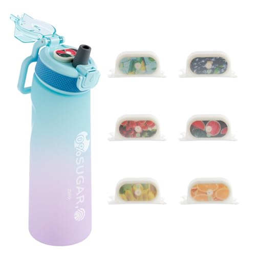 TNTGMG Wasserflasche, 700ml haltbare Wasserflasche mit Strohhalm und Riemen, 7 Kapseln mit Fruchtgeschmack, isolierte Sport-Wasserbecherflasche, auslaufsicherer Wasserbehälter für Fitnessstudio