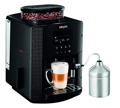 Krups Essential Kaffeevollautomat mit Milchschlauch, 2-Tassen-Funktion, LCD-Display, Einfache Reinigung, Kaffeemaschine, TÜV-Siegel, Schwarz, EA816031