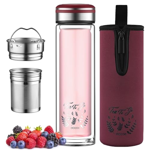 ecooe Teeflasche mit Sieb 440 ml Weinrot Doppelwandig Teebecher to go Bottle Trinkflasche mit 18/8 Edelstahl Sieb und Schutztasche Tee Glasflasche für Tee Kaffee Saft&Milchshak