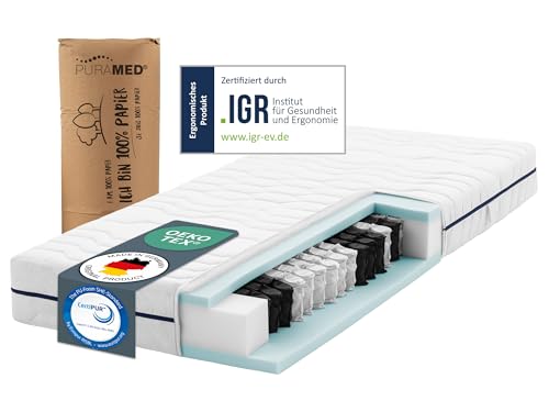 PURAMED Taschenfederkernmatratze 160x200 cm | Härtegrad H3 | Höhe 20 cm | ergonomische 7-Zonen Matratze | waschbarer Mikrofaser-Bezug | Oeko-TEX® & CertiPUR Zertifiziert | produziert in Deutschland