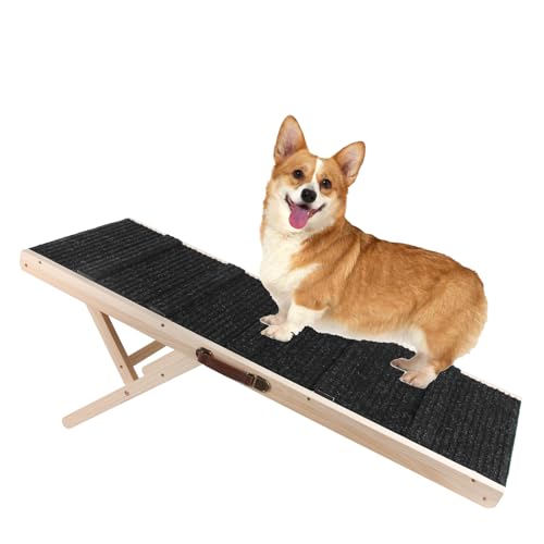 BommJokker Hunderampe Länge 95cm Einstellbar 30-55cm Höhe des 7 Gangs Hundetreppe für Bett oder Sofa aus Holz Katzen Rampe Hundeleiter Auffahrrampe für Haustiere mit Anti-rutsch max80kg Sicher (S)