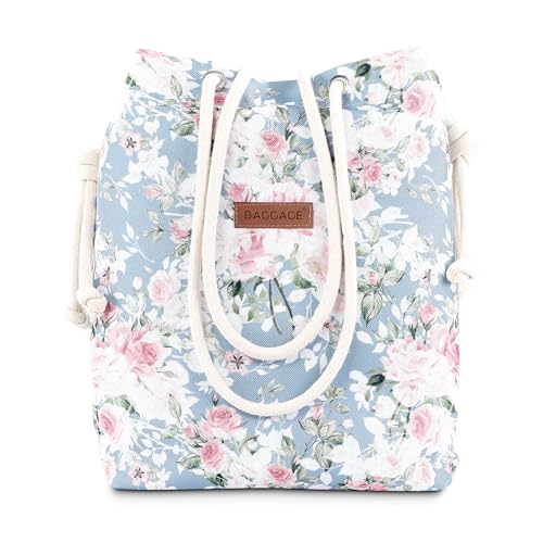 Amazinggirl Handtasche Beuteltasche Damen Tasche A4 oder A5 - Schultertasche Shopper Bag Stofftasche Stoffbeutel mit Innentasche Einkaufstasche Beutel als große Umhängetasche Blumen Grau