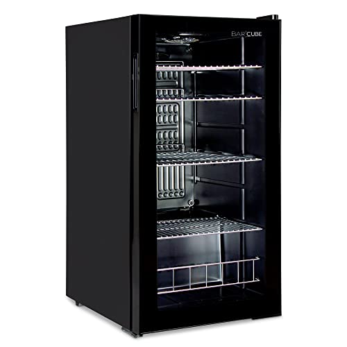 °CUBES Getränkekühlschrank 90L mit Glastür & 4 variablen Ablagen | Kompakter Flaschenkühlschrank, perfekt für zu Hause, Büro, Partys & Gastro | Stilvoller Kühlschrank mit Glastür, schwarz