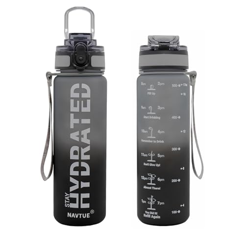 NAVTUE Trinkflasche, 500ml Wasserflasche BPA-frei, Zeitmarkierungen, Auslaufsicher Sport trinkflasche für Fitness, Radfahren, Büro, Laufen, Fitnessstudio, Yoga (Schwarz)