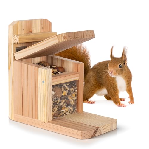 Waldfunk Eichhörnchen Futterstation – Wetterfestes Futterhaus aus Holz mit Belüftung, sicherer Klappmechanismus - FSC zertifziert