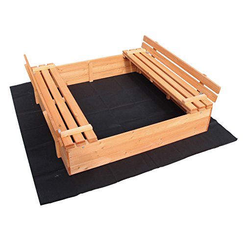 Sandkasten mit Deckel 2 Sitzbänke 98 x 98 x 21 cm, Sandkiste aus Holz mit klappbaren Bänken, Sandkasten mit Abdeckung, Sandbox mit Vliesboden