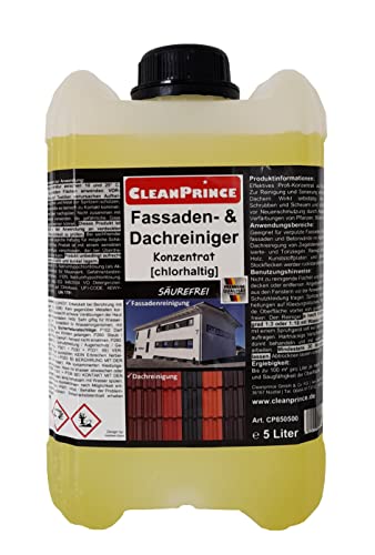 5 Liter Kanister CleanPrince Fassaden- und Dach Reiniger chlorhaltig | säurefrei aufhellend für Dächer Fassaden Putz Wände Steine Beton Reinigungsmittel Konzentrat