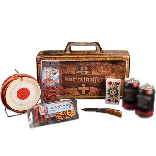 WURSTBARON® - Männer-Notfall Koffer - Geschenk Koffer mit Wurst-Kabeltrommel, Whiskey-Cola, Kartenspiel und mehr
