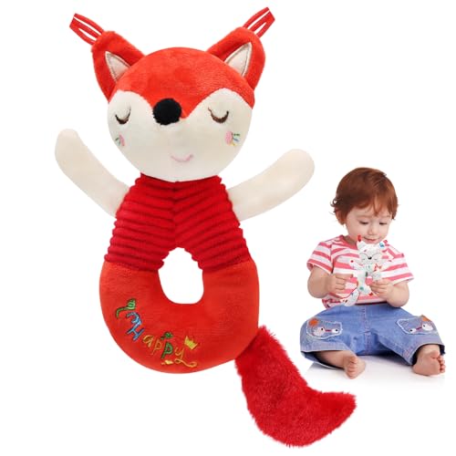 BelleStyle Greifling Baby mit Rassel, Motorikspielzeug Babyrassel Spielzeug für Neugeborene 0-6 Monate, Plüschtier Kuscheltier Babyspielzeug Geschenk für Babys Kleinkinder ab 0+ Monaten - Fuchs