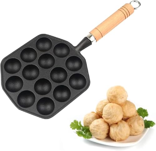 Takoyaki Pfanne Grillpfanne,Poffertjes Pfanne 14 Lcher Takoyaki Grill Pfanne Nonstick Takoyaki Pfanne Gusseisen Oktopus Fleischblle Formenbauer mit abnehmbarem Griff Haus Pfannkuchen Backen