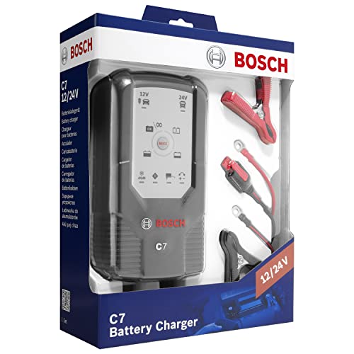 Bosch Automotive C7 - Intelligentes und automatisches Batterieladegerät - 12V-24V / 7A - UK-Stecker - für Blei-Säure-Batterien, GEL, Start/Stop EFB, Start/Stop AGM für Motorräder, Autos und leichte Nutzfahrzeuge