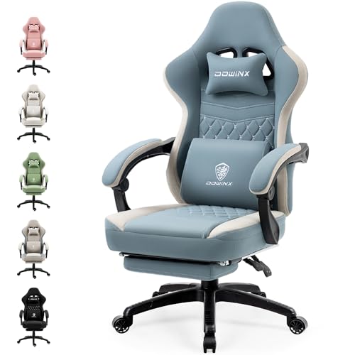 Dowinx Gaming Stuhl Stoff mit Taschenfederkissen, Massage Gaming Sessel mit Fußstütze, Ergonomischer PC Stuhl Gamer Stuhl Bürostuhl 150 kg belastbarkeit, Blau