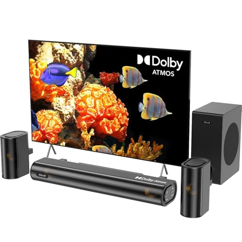 Hiwill 4.1ch Soundbar mit Dolby Atmos, 300W Soundbar für TV Geräte mit Subwoofer, 2 Front-Surround-Lautsprecher, HDMI eARC, Höhen und Bässe einstellbar, Surround-Sound für TV, HiElite A41