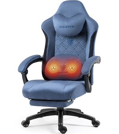 Dowinx Gaming Stuhl mit beheizter Massage Lendenwirbelstütze, Stoff Gaming Stuhl mit Taschenfederkissen und Fußstütze, Gamer Stuhl High Back PC Stuhl für Erwachsene, Blau