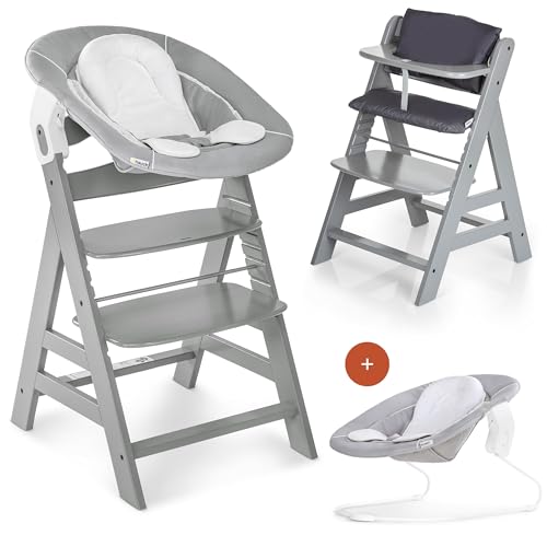 hauck Hochstuhl Alpha Plus Newborn Set mit 2in1 Bouncer - Mitwachsender Holz Babyhochstuhl ab Geburt, inkl. Sitzauflage & Neugeborenenaufsatz - Grau